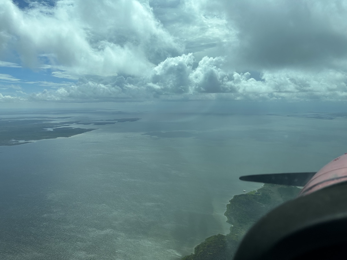 View of the Pamlico Sound from the air with stormy weather