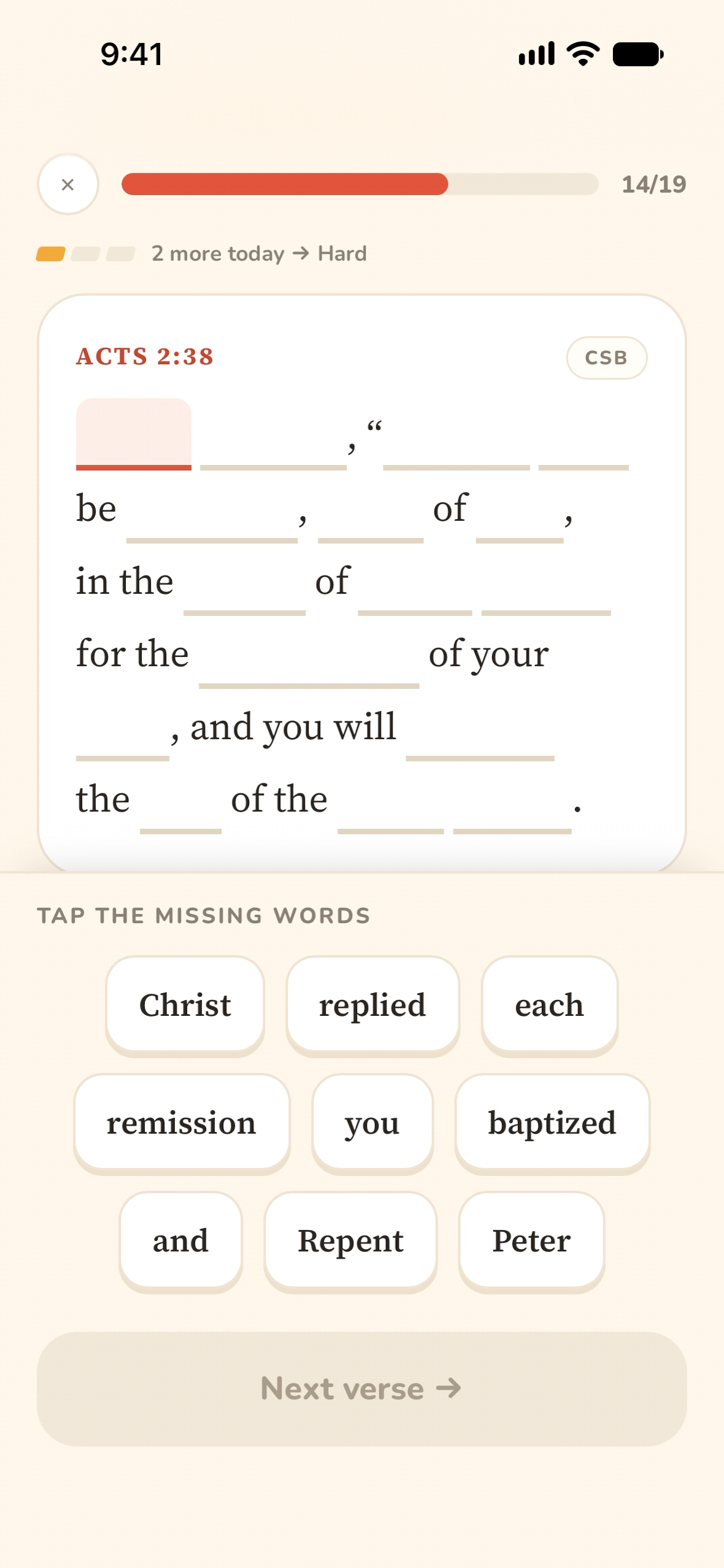 Acts 2:38 at Medium difficulty, with half its words blank