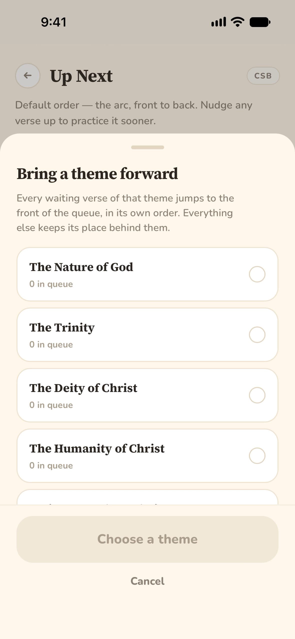A drawer for bringing a theme to the front of the queue.