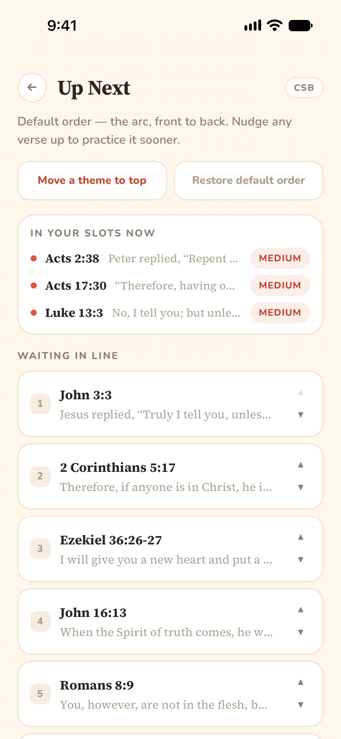 The Up Next queue with verses waiting in line.