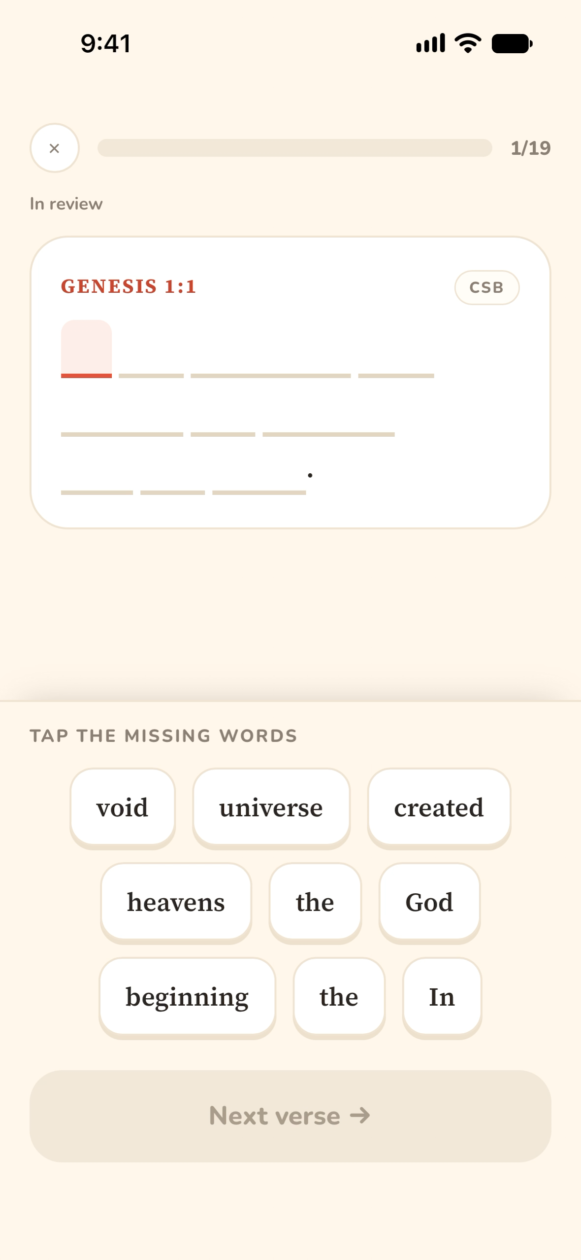 Genesis 1:1 with every word blank and a word bank below